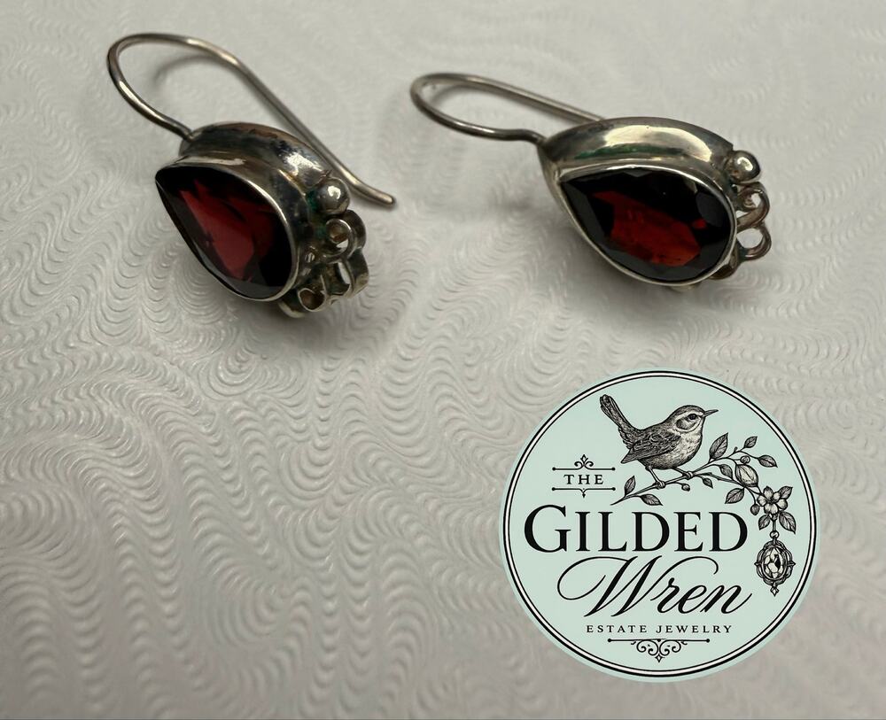 Vintage Bohemian Garnet 925 Sterling Silver Pear Drop Earrings 1.3”
